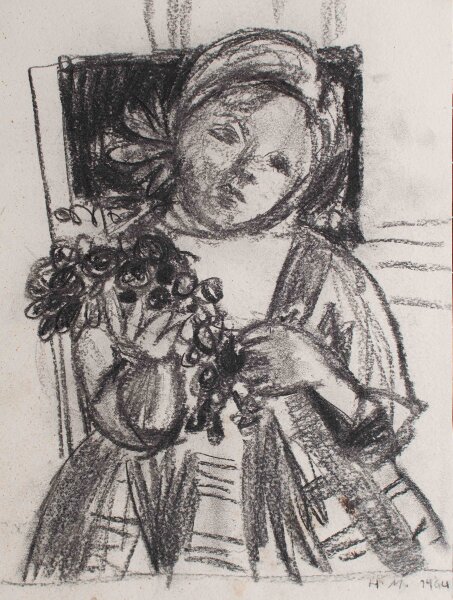 Helga Marten - Mädchenporträt mit Blumen - 1964 - Kohlezeichnung