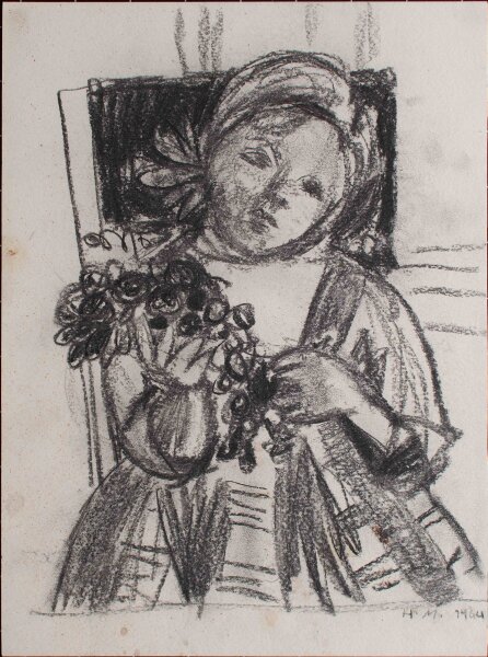 Helga Marten - Mädchenporträt mit Blumen - 1964 - Kohlezeichnung