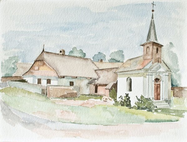 Sonja Wüsten - Dorfansicht mit Kirche - o.J. - Aquarell