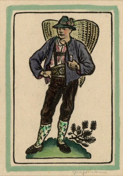 Günther Graßmann - Mann in Tracht - o.J. - kolorierter Holzschnitt