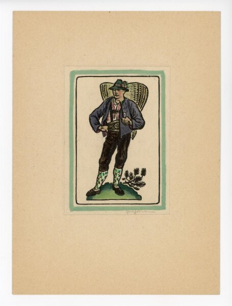 Günther Graßmann - Mann in Tracht - o.J. - kolorierter Holzschnitt