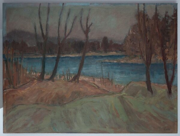 unleserlich signiert - Flußlandschaft - o.J. - Öl auf Malpappe