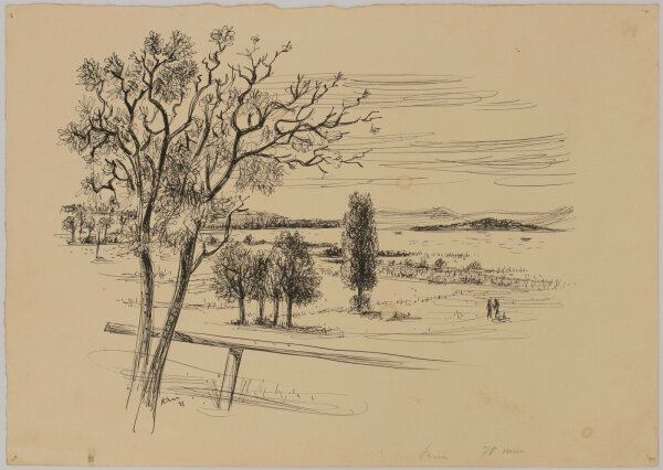 Monogrammist K M - Landschaft mkit Wanderern - 1943 - Tusche