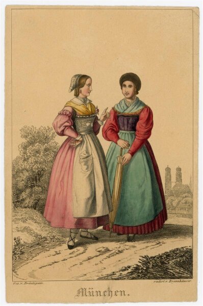 Andreas W. Brennhäuser - Trachtenansicht - München - kolorierter Radierung - o.J