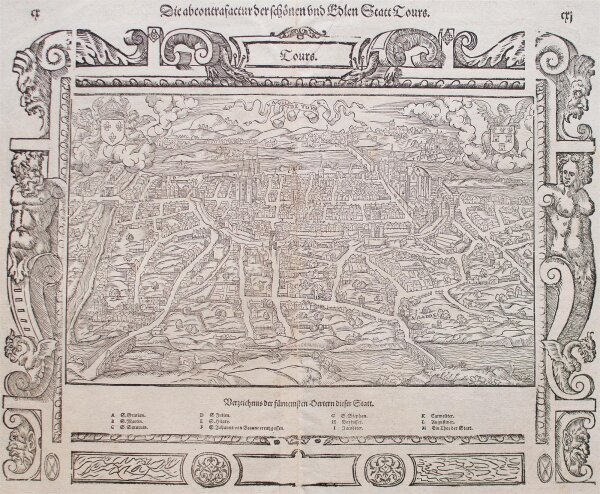 Sebastian Münster - Stadtansicht (Vogelschau) der mittelalterlichen Stadt Tours