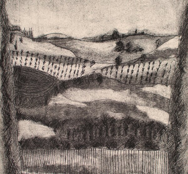 Unbekannt - Die Hügel - Kohlezeichnung mit Tusche - o.J.