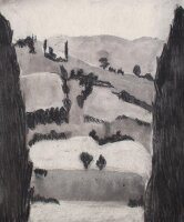 Unbekannt - Tal mit Zypressen - Kohlezeichnung - o.J.