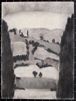 Unbekannt - Tal mit Zypressen - Kohlezeichnung - o.J.