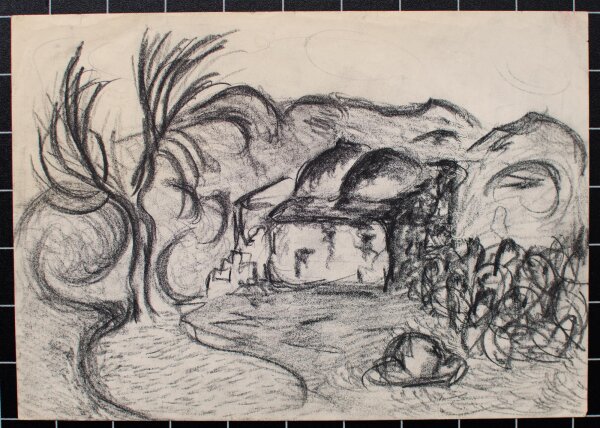 Unbekannt - Haus im Wüstengebiet - Kohlezeichnung - o.J.