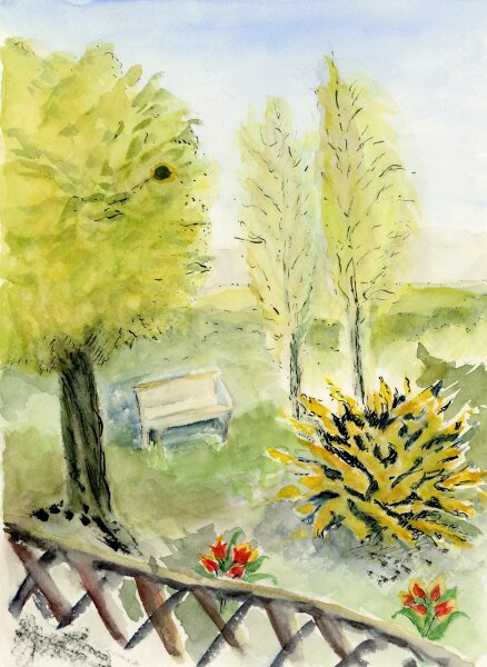 unbekannt - Bank im Grünen - Aquarell mit Tusche - o.J.