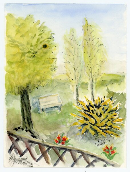 unbekannt - Bank im Grünen - Aquarell mit Tusche - o.J.