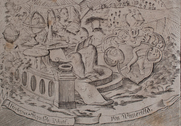 Unbekannt - Stadtansicht Hainichen mit Allegorie der Astrologie - Kupferstich - o.J.