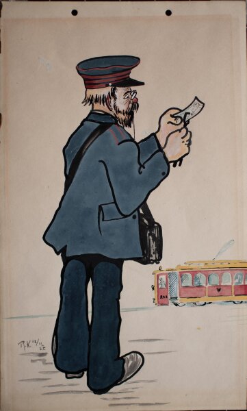 Unbekannt Wien - Humoristische Darstellung, Fahrkartenverkäufer - 1925 - Aquarell
