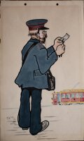 Unbekannt Wien - Humoristische Darstellung, Fahrkartenverkäufer - 1925 - Aquarell
