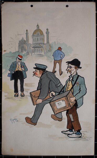 Unbekannt Wien - Humoristische Darstellung, Karikatur mit Leierkastenmann und Beamten - 1925 - Aquarell