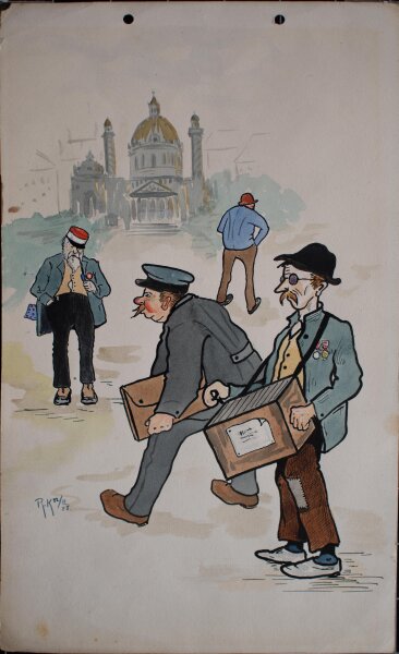 Unbekannt Wien - Humoristische Darstellung, Karikatur mit Leierkastenmann und Beamten - 1925 - Aquarell