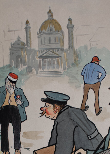 Unbekannt Wien - Humoristische Darstellung, Karikatur mit Leierkastenmann und Beamten - 1925 - Aquarell