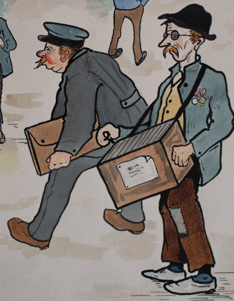 Unbekannt Wien - Humoristische Darstellung, Karikatur mit Leierkastenmann und Beamten - 1925 - Aquarell