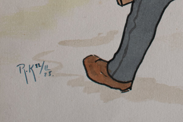 Unbekannt Wien - Humoristische Darstellung, Karikatur mit Leierkastenmann und Beamten - 1925 - Aquarell