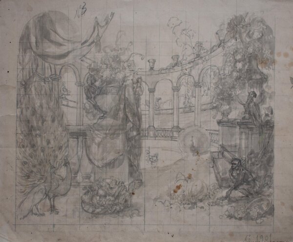 Unbekannt - Vorstudie zu einem Gemälde mit Schlosspark - 19. Jh. - Aquarell