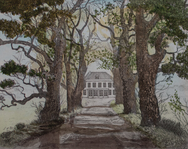 Signiert Voos - Gutshaus mit Allee - o.J. - kolorierte Kaltnadelradierung