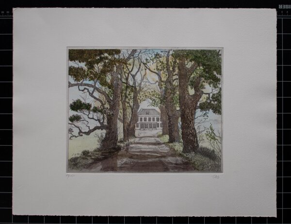 Signiert Voos - Gutshaus mit Allee - o.J. - kolorierte Kaltnadelradierung