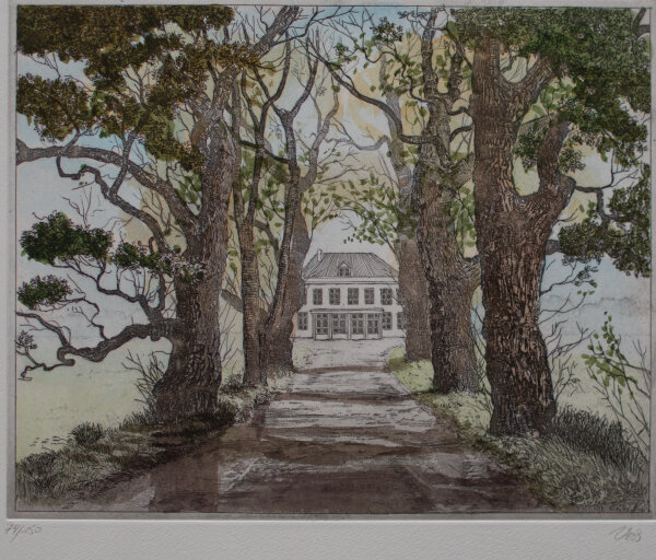 Signiert Voos - Gutshaus mit Allee - o.J. - kolorierte Kaltnadelradierung