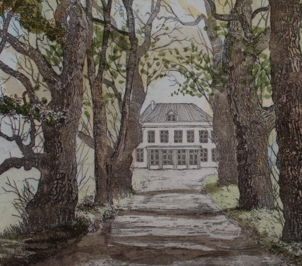 Signiert Voos - Gutshaus mit Allee - o.J. - kolorierte Kaltnadelradierung