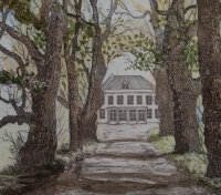 Signiert Voos - Gutshaus mit Allee - o.J. - kolorierte Kaltnadelradierung