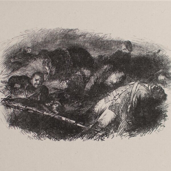 unbekannt - Soldaten auf einem Schlachtfeld - o.J. - Radierung