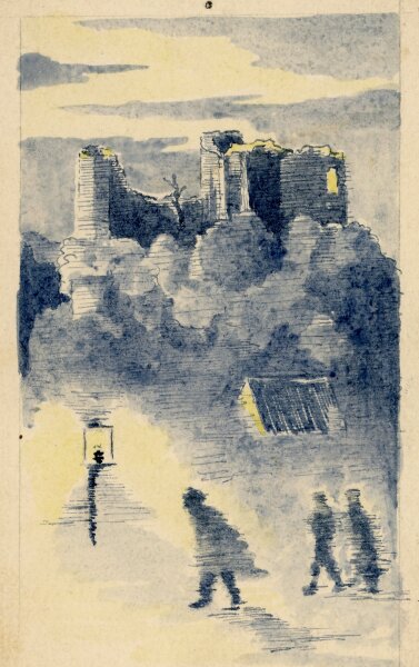 Unbekannt - Postkarte Burgruine im Nebel bei Nacht - o.J. - Aquarell