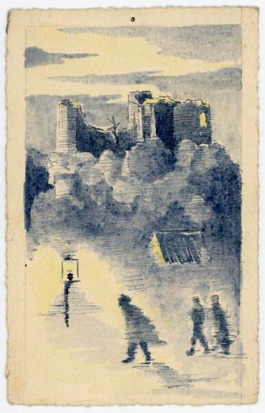 Unbekannt - Postkarte Burgruine im Nebel bei Nacht - o.J. - Aquarell
