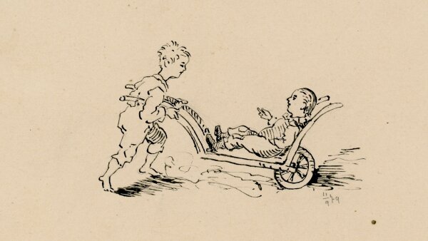 Unbekannt - Jungs beim Spielen mit Schubkarren - o.J. - Tuschezeichnung