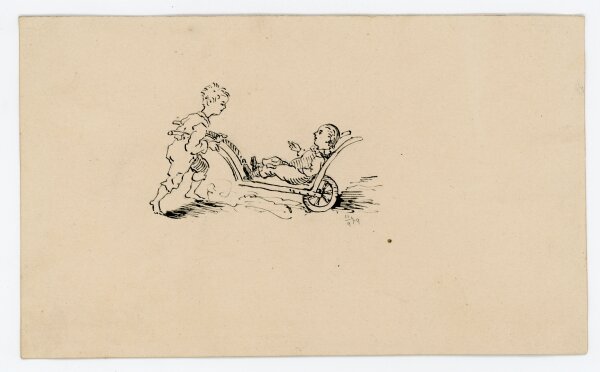 Unbekannt - Jungs beim Spielen mit Schubkarren - o.J. - Tuschezeichnung