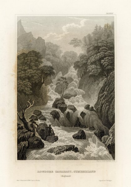 Johann Georg Martini - Lowdore Katarakt Wasserfall in Cumberland England - 1848 - Stahlstich