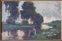 Janos Rakosi-Uitz - Die Wäsche im Fluss waschen - o.J. - Öl auf Leinwand