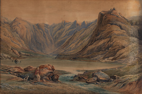 Unbekannt - Berglandschaft mit See und Wanderer - o.J. - Aquarell