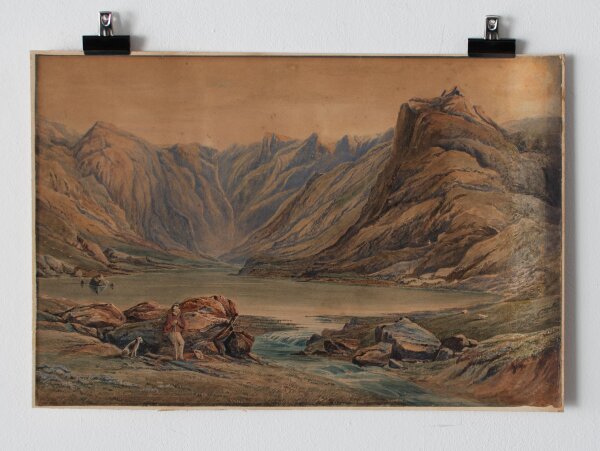 Unbekannt - Berglandschaft mit See und Wanderer - o.J. - Aquarell