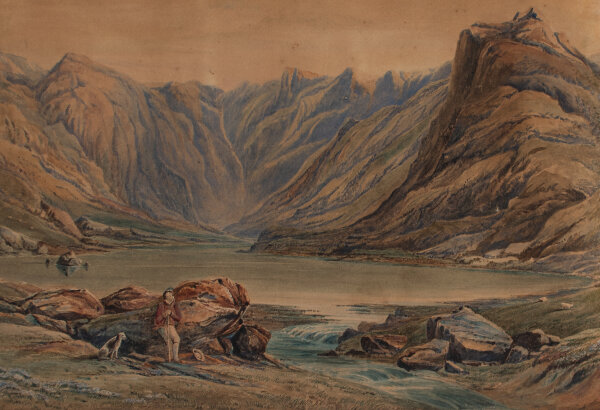 Unbekannt - Berglandschaft mit See und Wanderer - o.J. - Aquarell