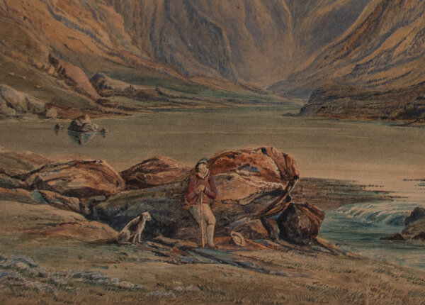 Unbekannt - Berglandschaft mit See und Wanderer - o.J. - Aquarell