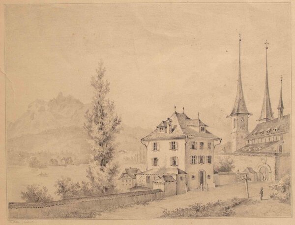 Josef Bitter signiert (unter Künstler Unbekannt) - Stadtmauer am See - Ende 1800 - Zeichnung, Bleistift