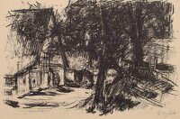 Unleserlich signiert - Hütten im Wald - o.J. - Monotypie