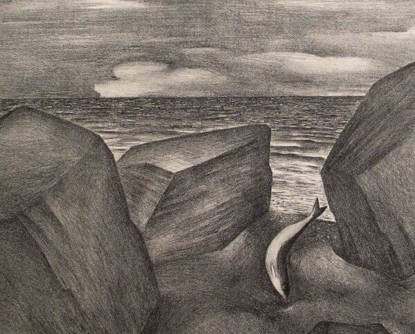 unbekannt - Felsen am Strand mit Fische - 1972 - Radierung