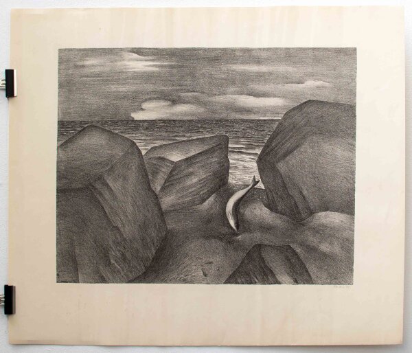unbekannt - Felsen am Strand mit Fische - 1972 - Radierung