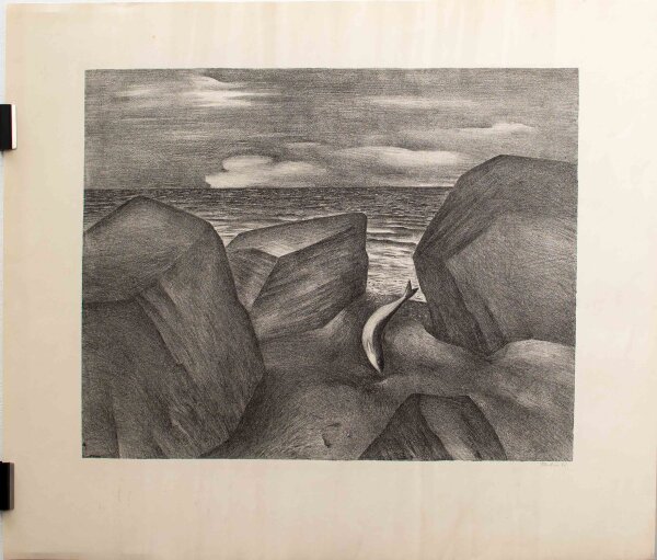 unbekannt - Felsen am Strand mit Fische - 1972 - Radierung