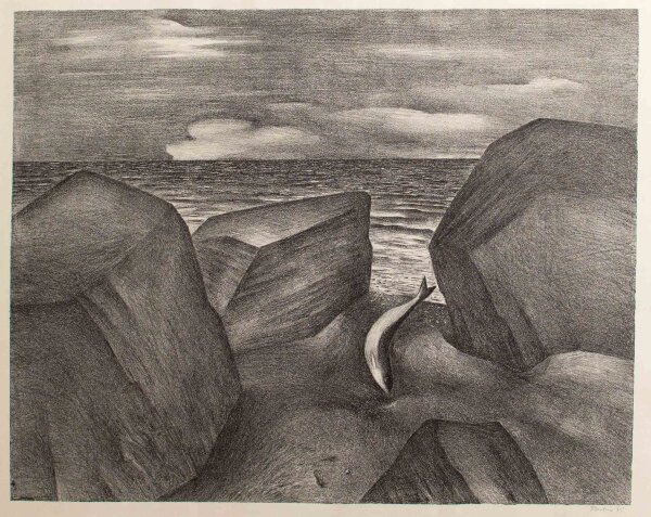 unbekannt - Felsen am Strand mit Fische - 1972 - Radierung