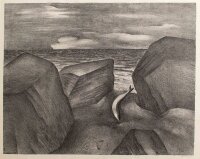 unbekannt - Felsen am Strand mit Fische - 1972 - Radierung