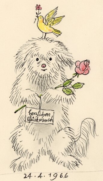 unbekannt - Grüß Glückwunsch mit Hund Zeichnung von 1966 - 1966 - Buntstift