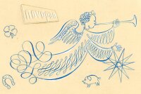 unbekannt - Karte mit Glückssymbolen und Engel mit...