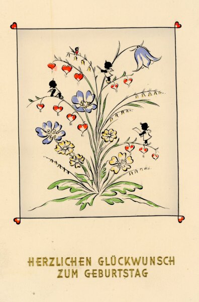 unbekannt - Grußkarte Geburtstag Blumenstrauß Engel 1939 - 1939 - Mischtechnik